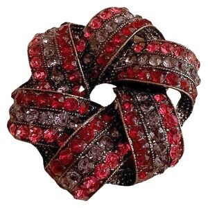 Monet Vintage Gold Tone Red and Grey Rhinestone Ribbon Knot Wreath Brooch Pin